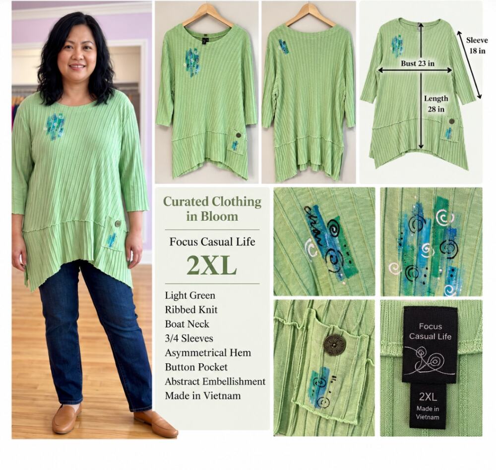 Focus Casual Life Light Green Ribbed Asymmetrical Tunic Size 2XL